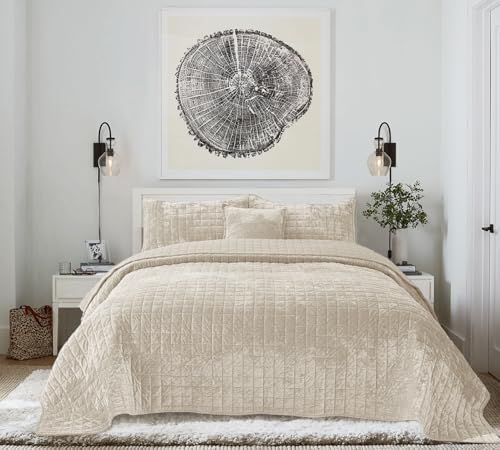 Quilt Set Queen Size 90x98 Luxurious Velvet Bedding Sets with 2 Pillow Shams 20x26 3 Pieces Ultra Soft Quilted Bedspread Coverlet Comforter for All Season,Beige