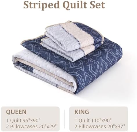 Cottolester Quilt Set Queen,3 Pcs Khaki Navy Blue Striped Plaid Bedspread