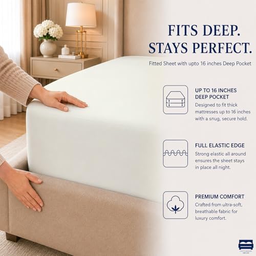 Cottingon 4 Piece Queen Sheets Fits 16" Deep, Egyptian Cotton, Ivory