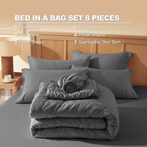 Laojin Balhen King Size Comforter Set 7 Pieces, Dark Grey Seersucker Bed in a Bag Set King Size, All Season Luxury Bedding Sets with Comforter, Sheets, Pillowcase & Sham