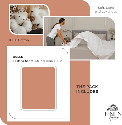 Linen Home Queen Size Fitted Sheet only 100% Cotton Percale, Tera Clay