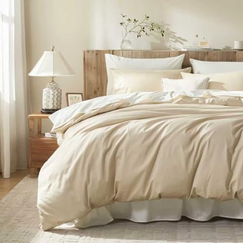 Full Duvet Cover Set, 100% Egyptian Cotton, 1600 Thread Count, Ultra Soft & Breathable Luxury Bedding with Zipper Closure & Corner Ties, 3PCS(Khaki, 80''x90'')