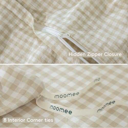 MooMee Gingham Duvet Cover Set 100% Washed Cotton Linen Like