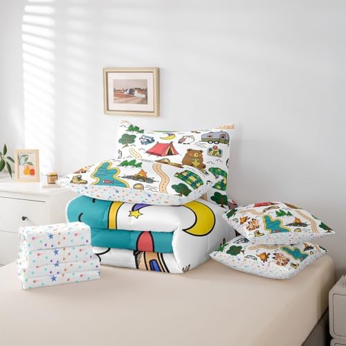 Erosebridal Camping Themed Bedding Set for Kids Teens,Camping Lover Comforter Set Twin Size,Cartoon Animal (Comforter+Fitted+Flat Sheet+2 Pillowcases+2 Throw Pillow Covers) 7 Pieces Bed Set