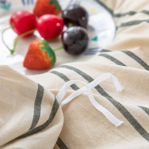 Mucalis Beige Duvet Cover Queen Size with Green Striped 100% Washed Cotton Duvet Cover Set Full Vintage 3 Piece Stripes Pattern Bedding Set with Zipper Closure Corner Ties,Durable,Breathable,Easy care