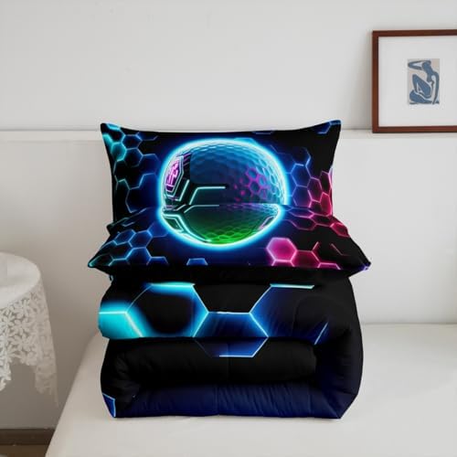 Erosebridal 3D Golf Bedding Full,Sports Decor Comforter Set Neon Geometric Honeycomb Bed Sets Cool Gamer Style Duvet Insert 3 Pieces
