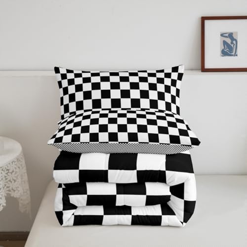 Manfei Black and White Plaid Comforter Set King Size, Reversible Geometric Square Grid Bedding Set 3pcs, Kids Boys Teens Room Decor, Soft Lattice Checkerd Down Comforter for All Season, 2 Pillowcases