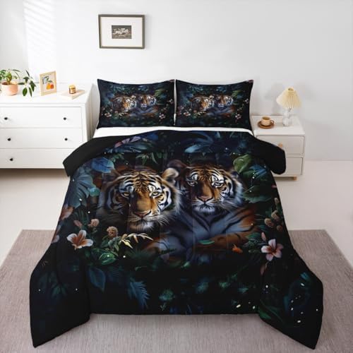 Couple Tiger Kids Comforter Set Twin Size,Floral Palm Leaf Tropical Plant Botanical Bedding Set,Girls Boys Room Decor,Wild Animal Tiger Fur Quilt Comforter,Brown Rustic Duvet Insert,1 Pillowcase