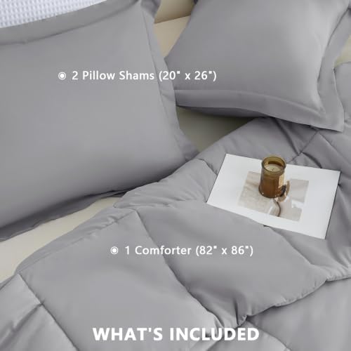 CozyLux Full Size Comforter Sets, 3-Piece Box-Stitched, Grey