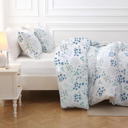 MUXHOMO Blue Flower Bed in a Bag Queen 7 Pieces, Queen Comforter Set Reversible Botanical Flowers Design, Ultra Soft & Breathable Bedding Sets with Comforter, Sheets, Pillowcases & Shams
