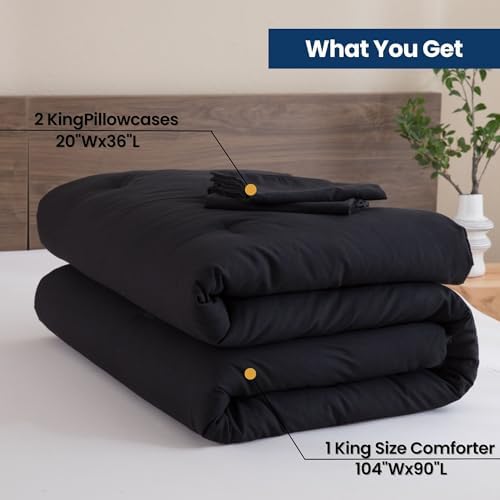Paxrac Black Comforter Set King Size, Modern 3 Pieces Comforter Set, Lightweight & Fluffy Solid Bedding Set, All Seasons Soft Breathable King Comforter Set (104x90In Comforter & 2 Pillowcases)