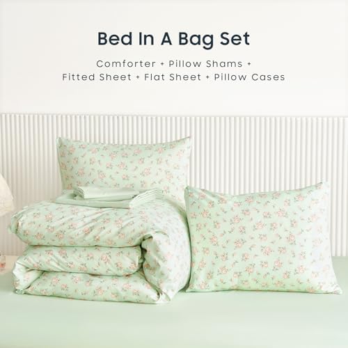Wake In Cloud - Floral Comforter Set with Sheets, Coquette Cottagecore Aesthetic Flower Shabby Chic Pattern for Women Teen Girls, 7 Pieces Bed in a Bag, Green Pink, Full Size
