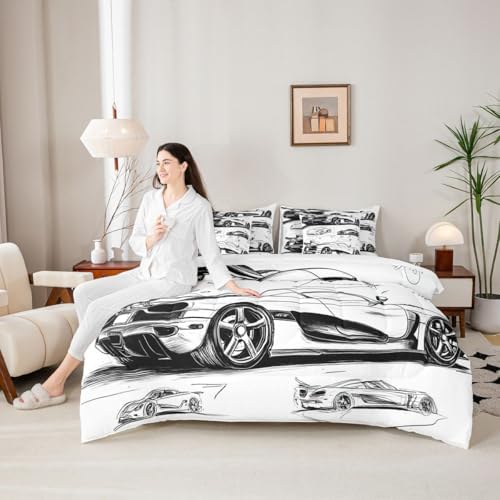 Feelyou Black White Race Car Full Comforter Set with Sheets for Kids Boys Girls Extreme Sports 7 Pieces Bedding Set Speed Sports Car Bed in a Bag Room Decor Soft Lightweight Microfiber