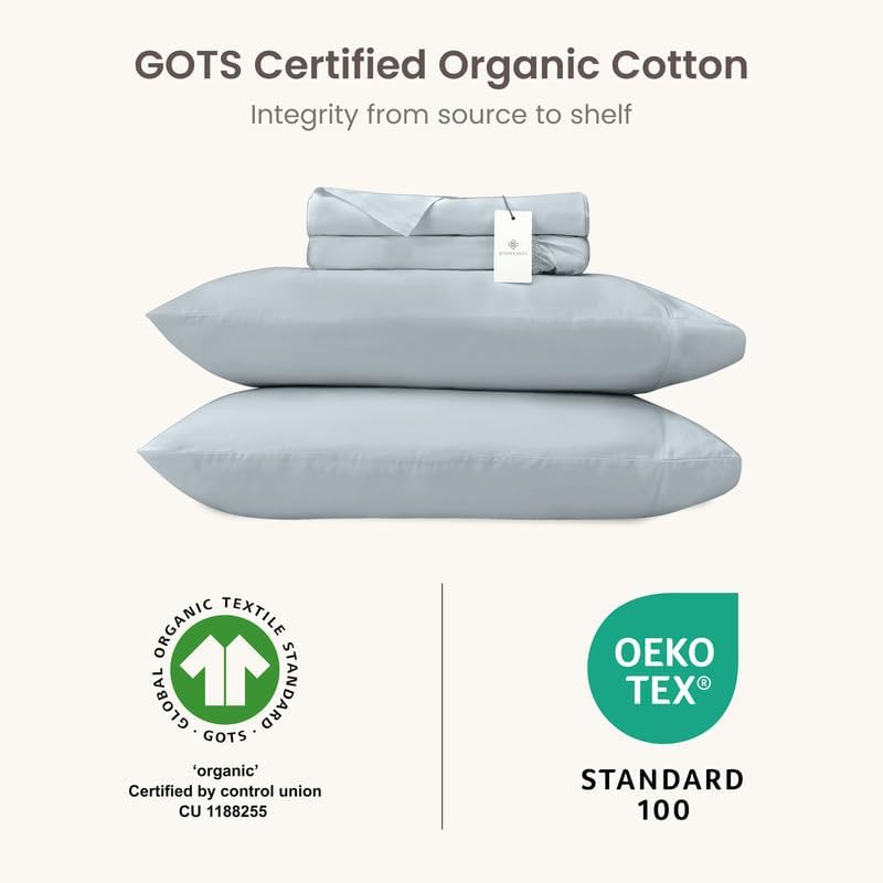BIOWEAVES 100% Organic Cotton Sheets, 300 Thread Count 4-Piece GOTS Certified Bed Sheet Set Fits Mattress Upto 17" Deep Pocket, Soft & Silky Sateen Weave (California King, Shore)