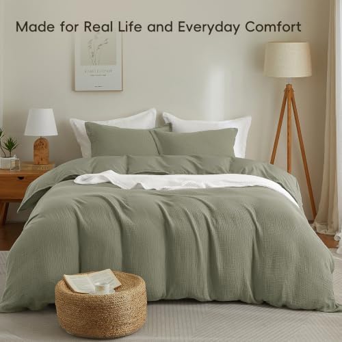 PHF 100% Cotton Muslin Duvet Cover King Size 3-Layer, 104"x90", Dusty Sage