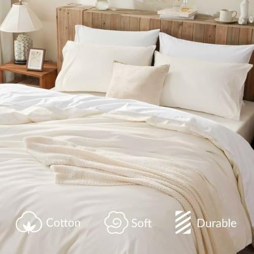 Cotton Duvet Cover Set 100% Egyptian Cotton Oversized King Size - 3 Piece with Zipper Closure Breathable Durable Soft Comfy Home Bedding Set(Cream White, 120"x98")