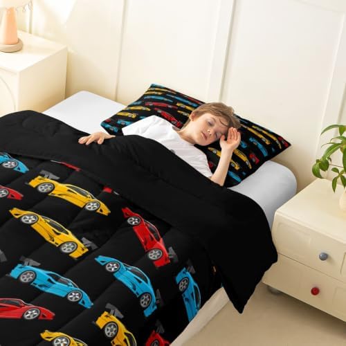 Feelyou Blue Race Car Comforter Set Toddler Size Yellow Speed Sports Car Bedding Set for Kids Boys Girls Vehicle Duvet Quilt Bedroom Decor Microfiber 2 Pcs with 1 Pillow Case