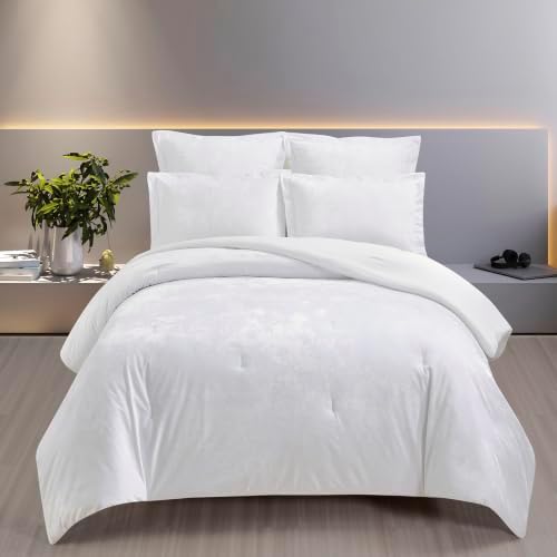 Fredsure Distressed Velvet Comforter Set, 5 Pieces Bright White King, Distressed Velvet Face and Brushed Microfiber Reverse