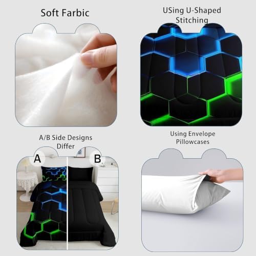 Castle Fairy Honeycomb Bedding Comforter Set Queen Size,Hexagon Theme with Green Blue Neon Lights Quilt Set,Boys Teen Man Chic Creative Home Bedding Set 3pcs Duvet Insert with 2 Pillowcases,Black
