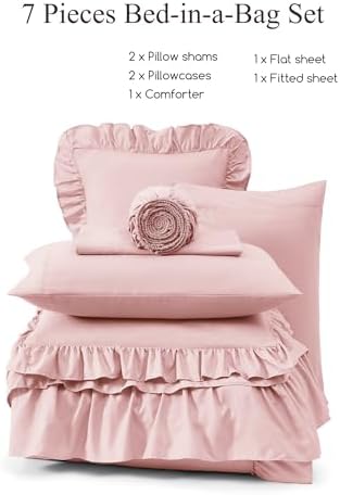California King Comforter Set Soft Pink Ruffle 7 Pieces Bed in a Bag