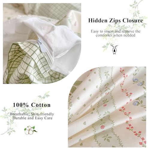 VM VOUGEMARKET Ruffle Duvet Cover Twin with Leaves Rabbit Pattern Reversible Green Grid Duvet Cover with Zipper Ties 100% Cotton Romantic Girls White Lace Comforter Cover with 2 Pillow Shams