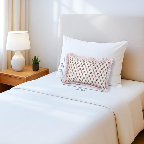 CPC Block Print Rosette Bloom Ruffle Cotton Lumbar Pillow Cover 12x20 inch