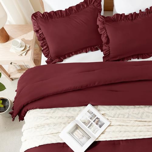 Andency Burgundy King Size Comforter Set, 3 Pieces Solid Farmhouse Bedding