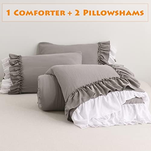 Masaca Ruffle Queen Comforter Set,Grey White Ruffled Comforter Sets for Queen Bed Shabby Boho Chic Farmhouse Bedding Set(1 Ruffle Comforter and 2 Pillowcases)