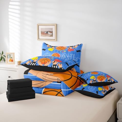 Erosebridal Boys Kids Ball Games Boys Basketbal Navy Blue 7 Piece Bedding Set Twin | Playground Comforter Set with Sheets Geometric Bed in A Bag Sports Theme Gaming Pattern Bed Sets