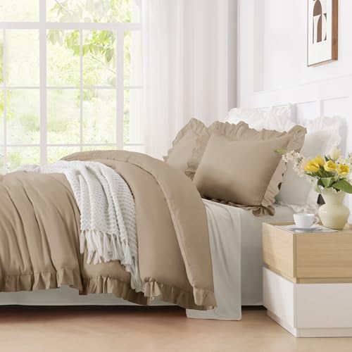 Andency Taupe Ruffle Comforter Twin Size, 2 Pieces Soft Bed Set