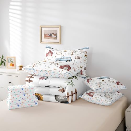 Erosebridal Farm Animal 7 Piece Bedding Set King Cartoon Tractor Kids Comforter for Boys Girls Rustic Barn Door Bed in A Bag Farmhouse Horse Sheep Cow Cartoon Animals Sunflower Floral Sheet Set