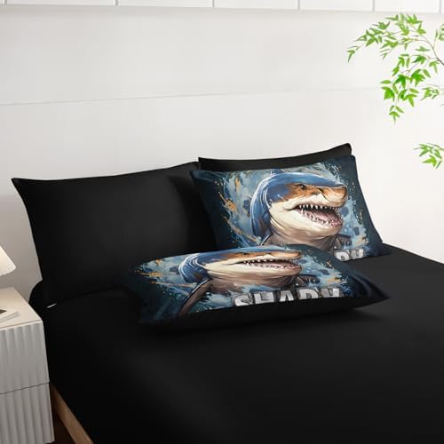 AILONEN Kids Shark Comforter Set Queen,7-Piece Cartoon Bed in a Bag for Boys Girls,Soft Comforter & Fitted Sheet with Flat Sheet & 2 Pillowcases,2 Pillow Shams for Bedroom