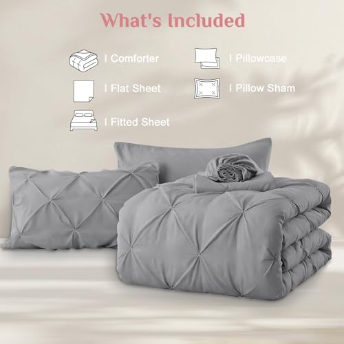 JOLLYVOGUE Twin Comforter Set 5 Pieces - Bed in a Bag Twin for All Season, Pintuck Bedding Comforter Sets with Comforter, Flat Sheet, Fitted Sheet and Pillowcases & Shams, Light Grey