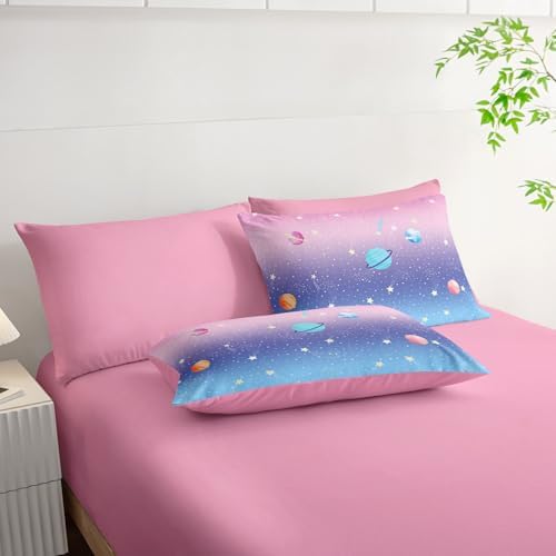 7Pcs Comforter Set Space Planet Multi Color Gradient Printed Bedding Set with 1 Comforter,1 Flat Sheet,1 Fitted Sheet and 4 Pillowcases for Boys and Girls Bedroom All Season(Queen)