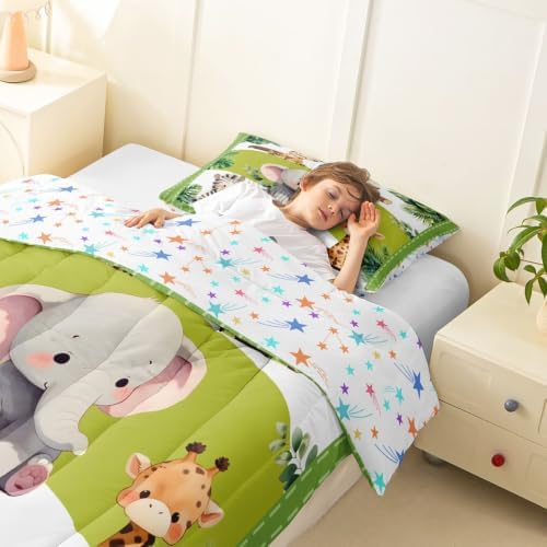 Feelyou Cartoon Animals Comforter Set Toddler Size Cute Elephant Zebra Leopard Giraffe Bedding Set for Kids Boys Girls Palm Leaves Duvet Quilt Bedroom Decor Microfiber 2 Pcs with 1 Pillow Case
