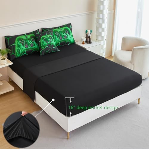 ZRNBAST Twin Size Bedding Set for Boys, 6 Pieces Green Gamer Comforter Set