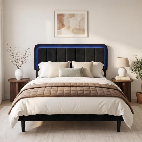 Garvee Full Size Bed Frame with LED Lights & Upholstered Headboard
