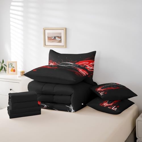 Feelyou Race Car Comforter Set with Sheets King Size Kids Speed Sports Car 7 Pieces Bedding Set for Boys Girls Teens Racing Car Bed in a Bag Breathable Extreme Sports Bed Set Red Automobile