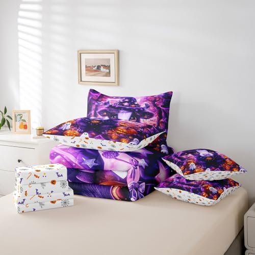 Erosebridal Halloween Highland Cattle King Comforter Set 7 Piece for Kids Boys Girls Pumpkin Lantern White Ghost Bed in A Bag with Sheetscartoon Gothic Bedding Set Purple Goth Bed Set