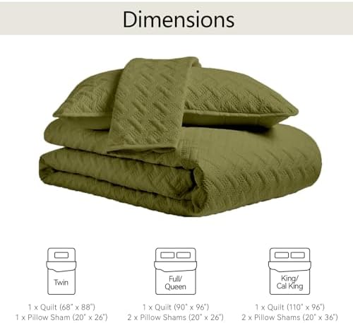 FLYMME Quilts Queen Size,Lightweight Olive Green Bedspreads,Basket Weave Pattern,Ultra Soft Microfiber Bed Coverlet 3 Pieces for All-Seasons (1 Quilt,2 Shams)