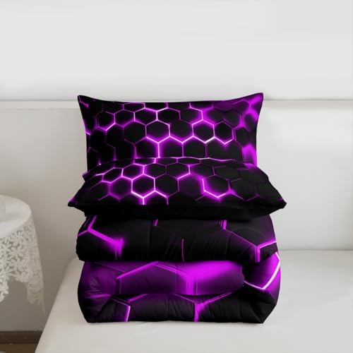 Erosebridal Purple Neon Honeycomb Bedding Set Twin Geometric Hexagon Comforter Set for Teen Boys Girls Kids,3D Morden Hexagonal Quilted Duvet Soft Lightweight Down Comforter 1 Pillow Case