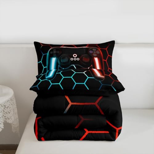 Gamer Bedding Sets for Boys Full Size Gaming Comforter Set for Kids Young Man,Gradient Diamond Shape Down Comforter Game Home Decor 3 Piece,Neon Light Game Controller Quilted Duvet + 2 Pillow Shams