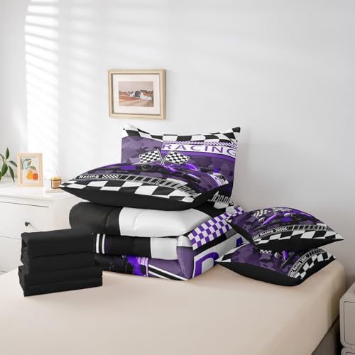 Camouflage Racing Comforter Set 7 Pieces,Boys Men Racing Car Gamer Bed Set,Purple Race Car Bedding Bed in a Bag Soft,Queen (1 Comforter,2 Pillowcase,2 Pillow Covers,1 Flat Sheet,1 Fitted Sheet)