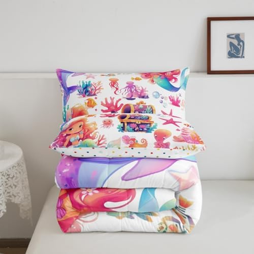 Mermaid Bedding Comforter Set Queen Size Cute Ocean Theme Comforter and 2 Pillowcases for Kids Girls Cartoon Princess Room Decor All Season Quilt Underwater World Animal Duvet Reversible,Colorful