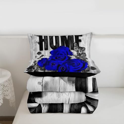 Castle Fairy Blue Rose Bedding Set for Boys Girls,Retro Farmhouse Board All Season Cozy Comforter Set with 2 Pillowcases Full,Valentine's Day Romantic Duvet Set Bedroom Decor,Festival Gifts