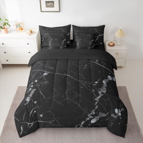 Erosebridal Black Grey Marble King Bedding Set 7 Piece Gray Marbling Crack Bed in A Bag with Sheets Simple Modern Comforter Set for Kids Adults,Aesthetics Marbling Bed Sets
