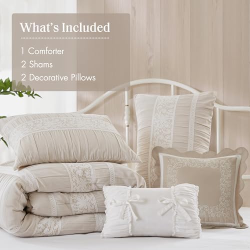 Madison Park 5-Piece Farmhouse Comforter Set with Ruching & Lace Trim, Soft Chambray Bedding, Includes Comforter and 2 Decorative Pillows, Queen, Neutral