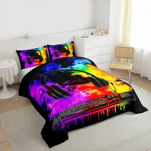 Erosebridal Gaming Keyboard Comforter Set Gaming Headphones Girl Toddler Bedding Set for Kids Boys Watercolor Smoke Fire Comforter Gamer Headset Quilt