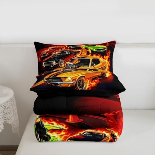 Feelyou Boys Race Car Kids Comforter Set Full Size Speed Sports Car Bedding Set Extreme Sports Duvet Quilt for Kids Boys Girls Bedroom Automobile Decor Microfiber Ultra Soft Breathable