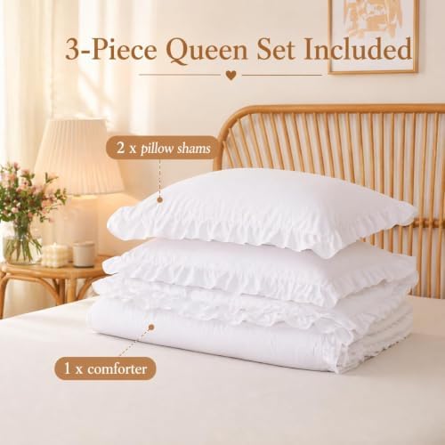 JANZAA White Comforter Set Oversized King, Ruffle Soft Bedding